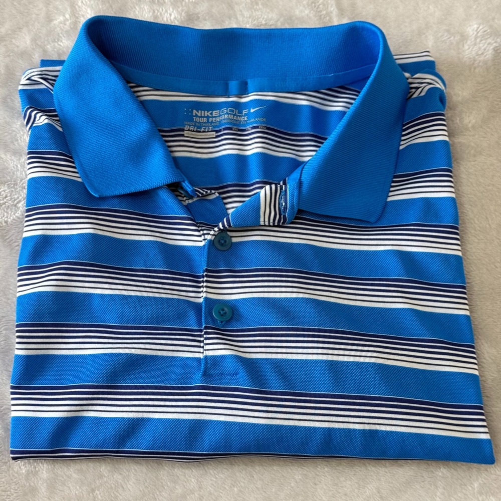 Nike Golf Tour Performance Dri FIT Blue White Stripe‎ Polo Shirt Men XXL